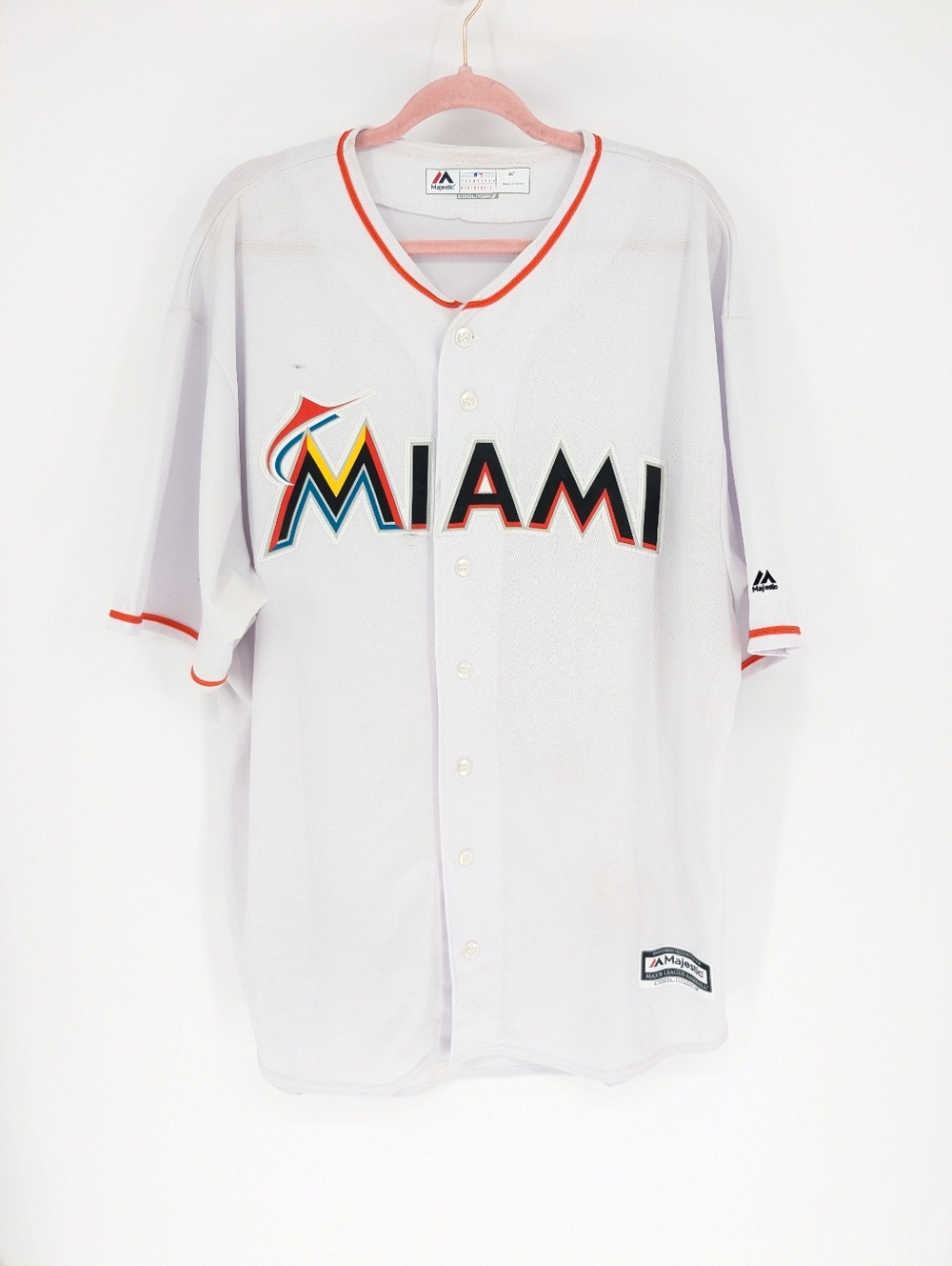 MLB Majestic Miami Marlins Jersey Mens Size 2XT Button Up Baseball White FLAW